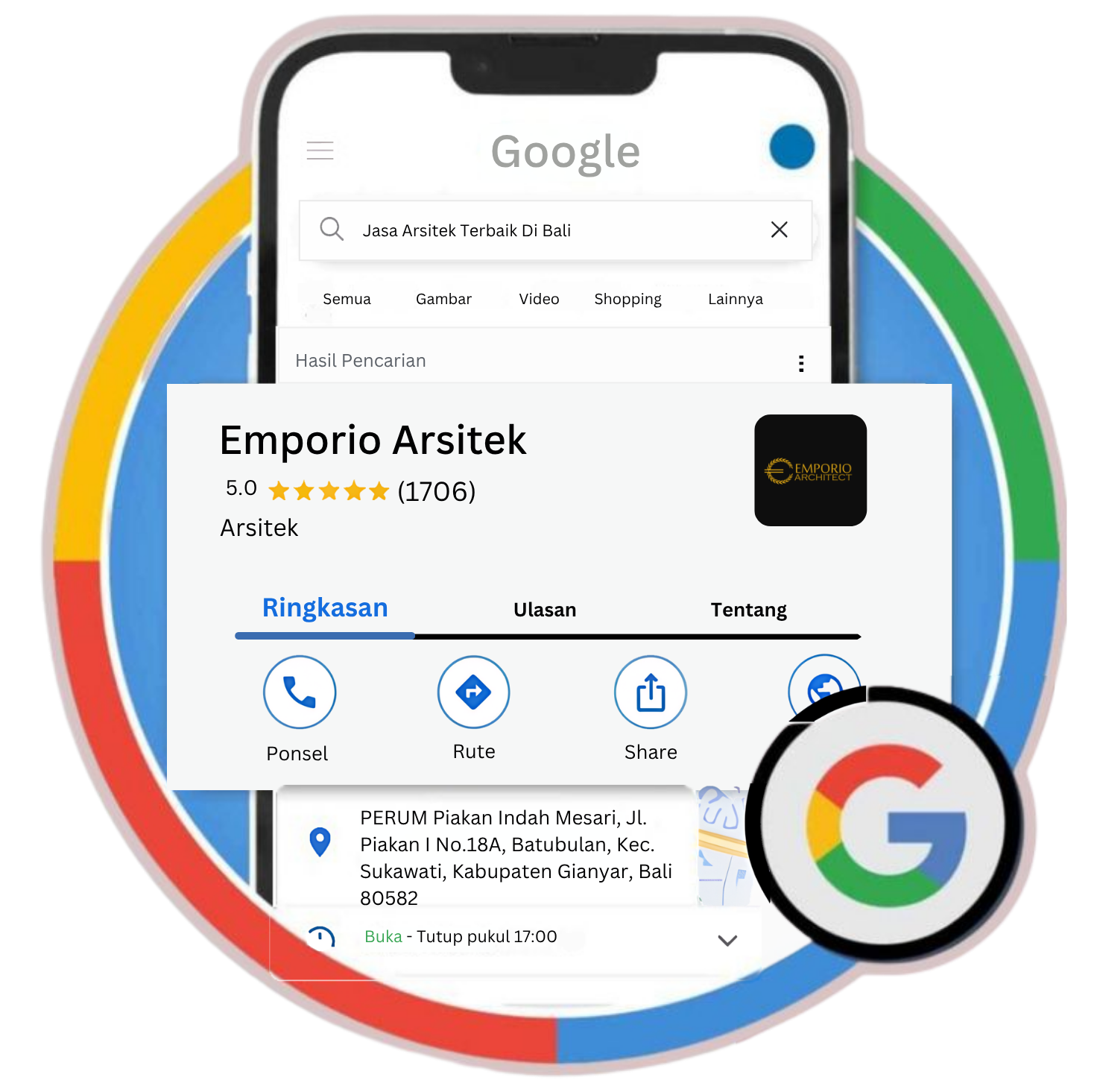Optimized Google Business Profile listing mockup showing high local map rankings in Bali